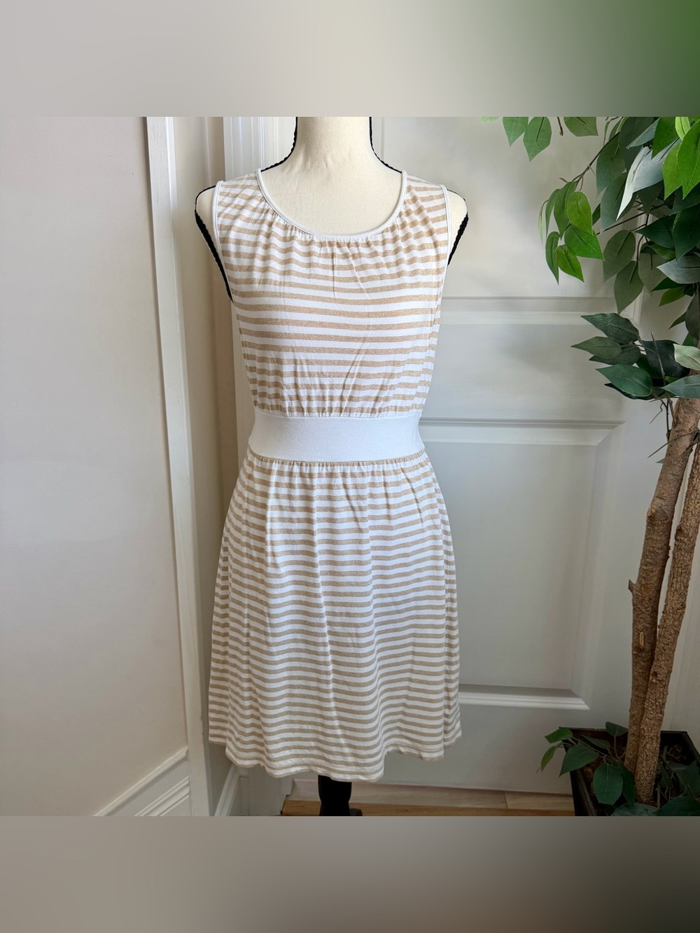 Express Y2K Sleeveless Metallic Stripe Knit Fit & Flare Dress Gold Sz S